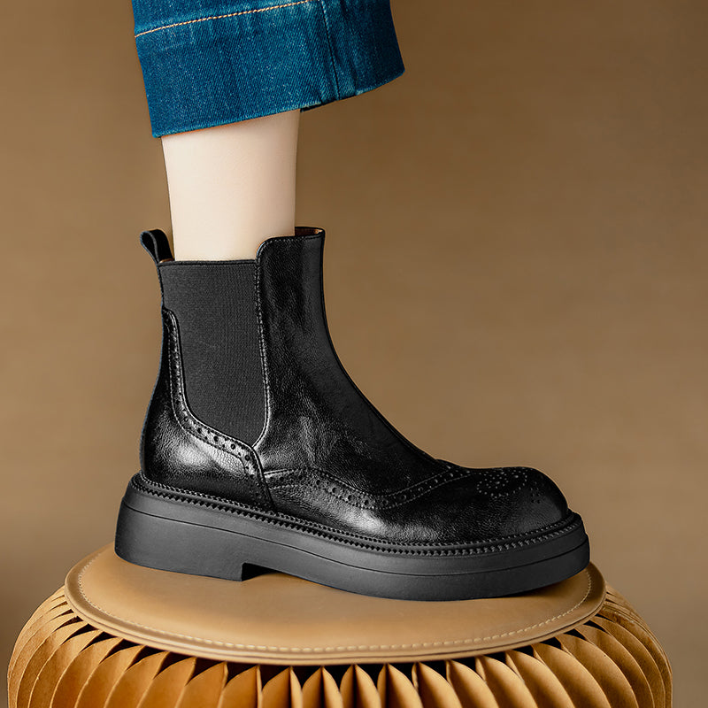 Bottines Chelsea &agrave; plateforme en cuir pour femme, style brogue, hauteur cheville
