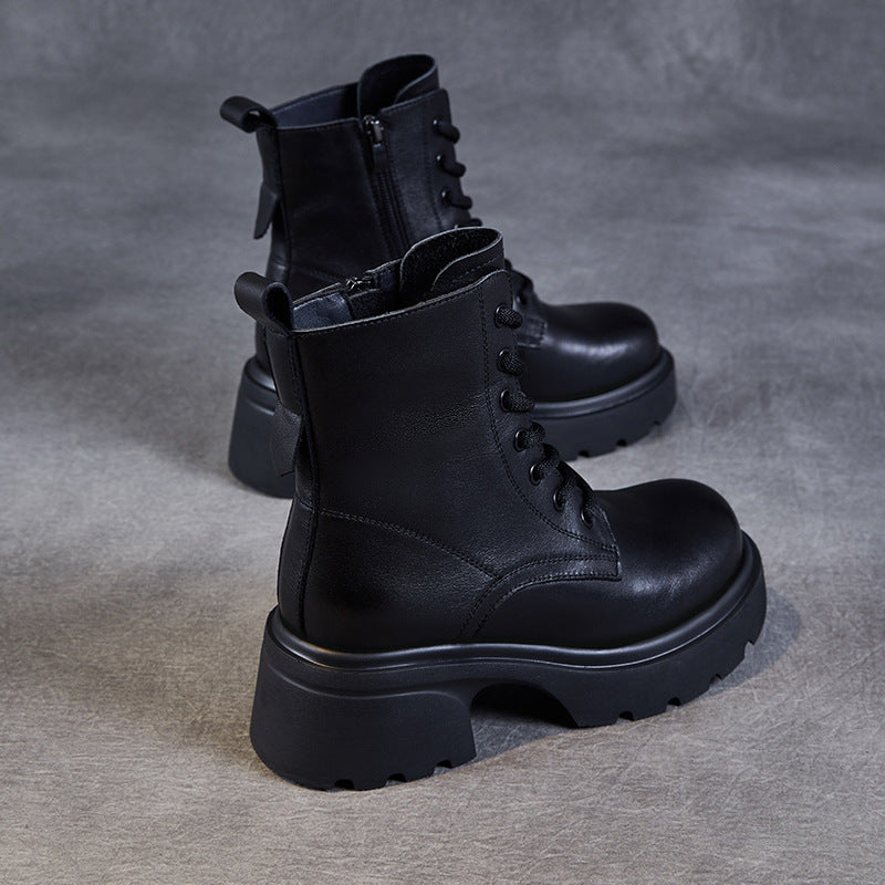 Bottes &agrave; plateforme d&eacute;contract&eacute;es pour femmes en cuir v&eacute;ritable &ndash; Talon &eacute;pais et fermeture &eacute;clair lat&eacute;rale