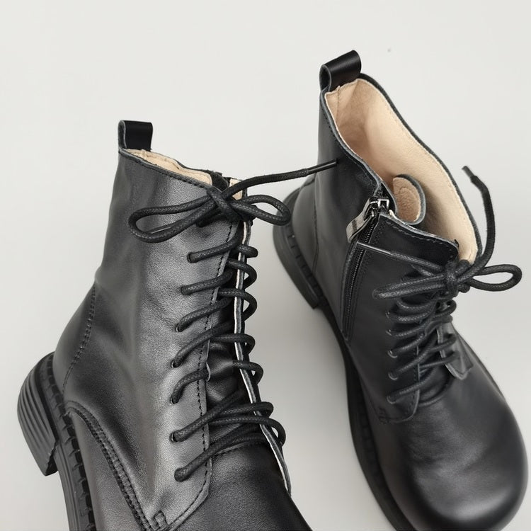 Bottines Martin &agrave; bout large en cuir v&eacute;ritable pour femmes &ndash; Fermeture &agrave; lacets et &agrave; fermeture &eacute;clair