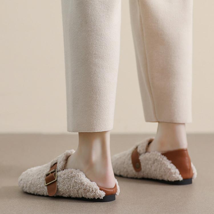 Damen-Loafer aus Kunstpelz, warmes Winterfleece, flache Metallschnallen, Freizeitschuhe