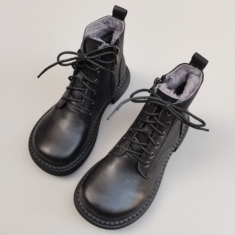 Bottes vintage pour femmes, bout large, en cuir et peau lain&eacute;e &ndash; Style hivernal confortable &agrave; la cheville