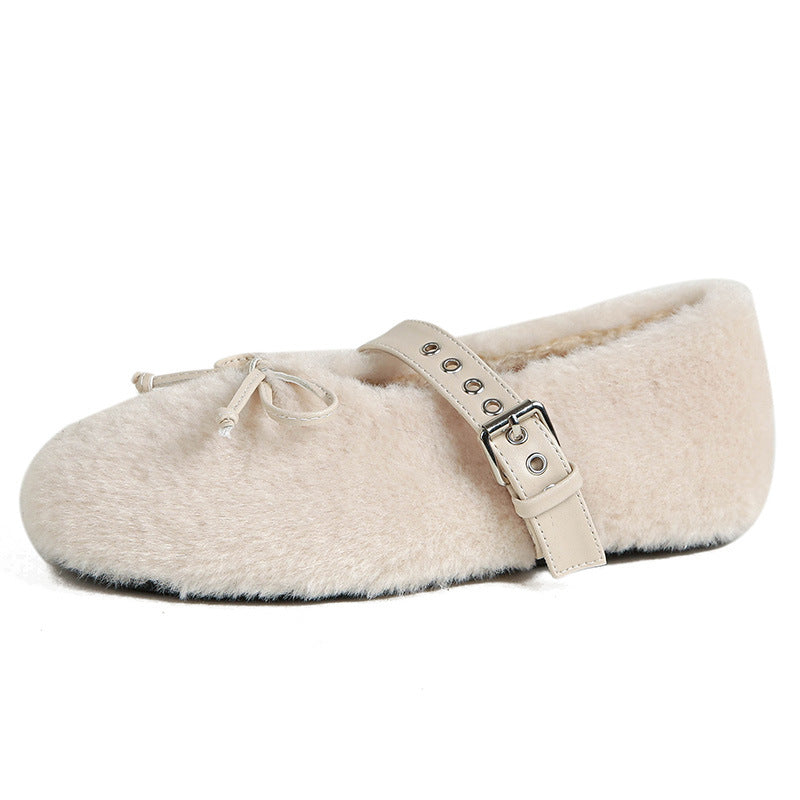 Mary-Jane-Slipper mit Kunstpelz, Schleife und integrierter Absatzverst&auml;rkung &ndash; Damenschuhe f&uuml;r den Winter