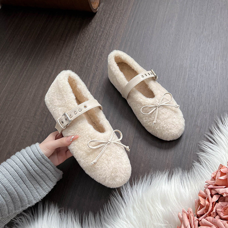 Mary-Jane-Slipper mit Kunstpelz, Schleife und integrierter Absatzverst&auml;rkung &ndash; Damenschuhe f&uuml;r den Winter