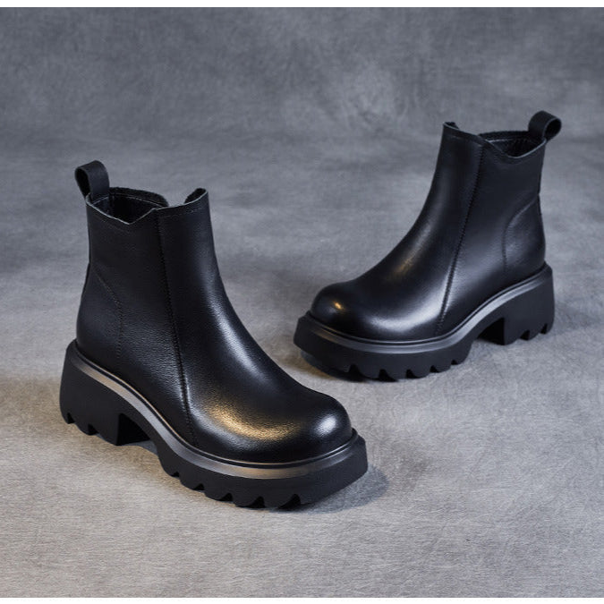 Bottines en cuir pour femme &ndash; Talon compens&eacute; mi-haut &eacute;pais avec fermeture &eacute;clair lat&eacute;rale