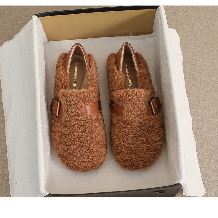 Damen-Loafer aus Kunstpelz, warmes Winterfleece, flache Metallschnallen, Freizeitschuhe