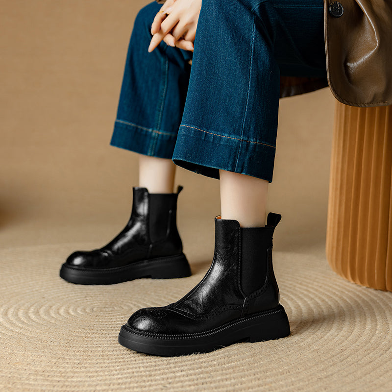 Bottines Chelsea &agrave; plateforme en cuir pour femme, style brogue, hauteur cheville