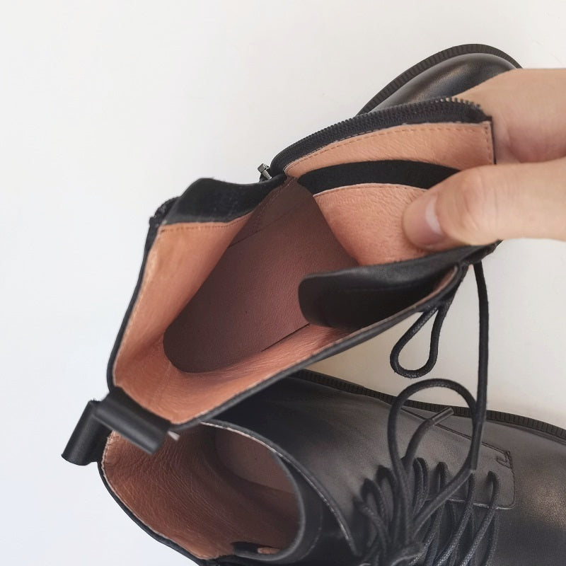 Bottines vintage pour femme, bout large, en cuir v&eacute;ritable &ndash; faites main, semelle souple, style britannique