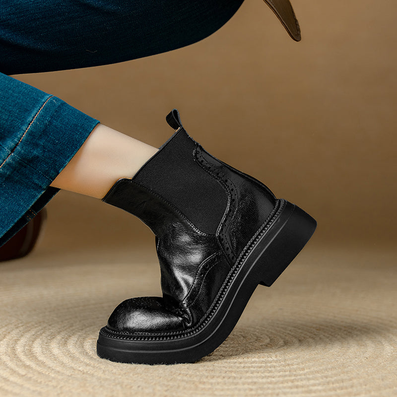 Bottines Chelsea &agrave; plateforme en cuir pour femme, style brogue, hauteur cheville