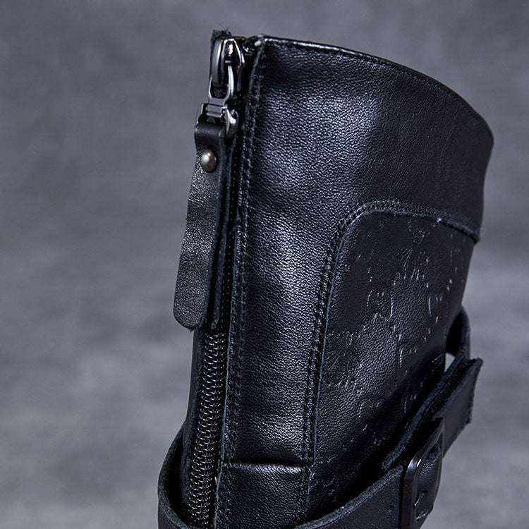Bottes mi-mollet pour femme en cuir v&eacute;ritable emboss&eacute; &ndash; Talon compens&eacute; &eacute;pais avec boucle