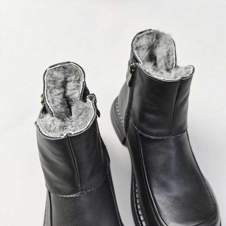 Bottines Derby vintage pour femmes, bout large, en cuir &ndash; Bottines d'hiver doubl&eacute;es en peau lain&eacute;e