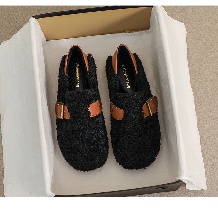 Damen-Loafer aus Kunstpelz, warmes Winterfleece, flache Metallschnallen, Freizeitschuhe
