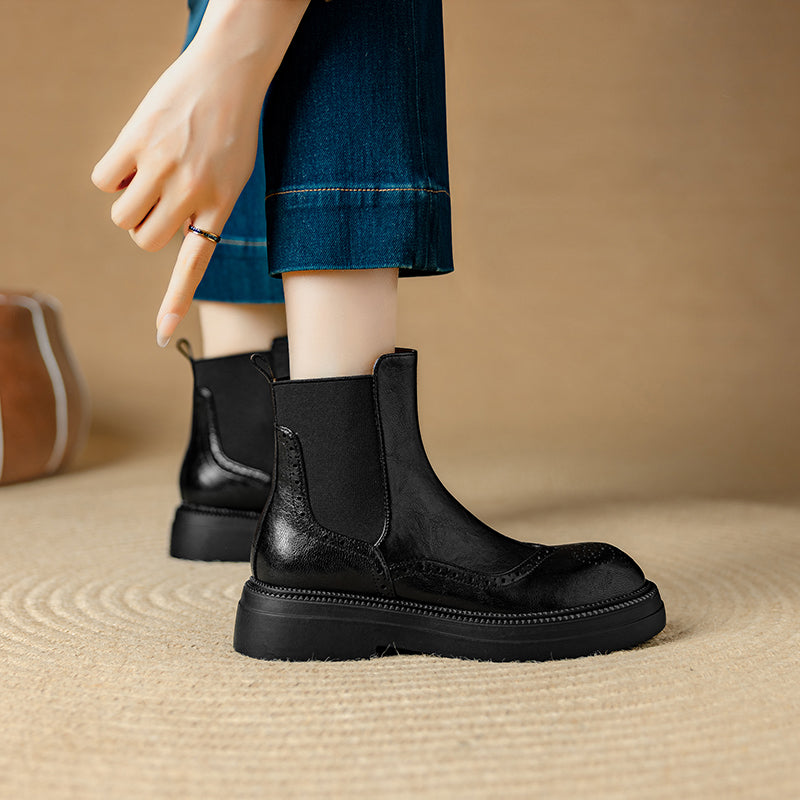 Bottines Chelsea &agrave; plateforme en cuir pour femme, style brogue, hauteur cheville