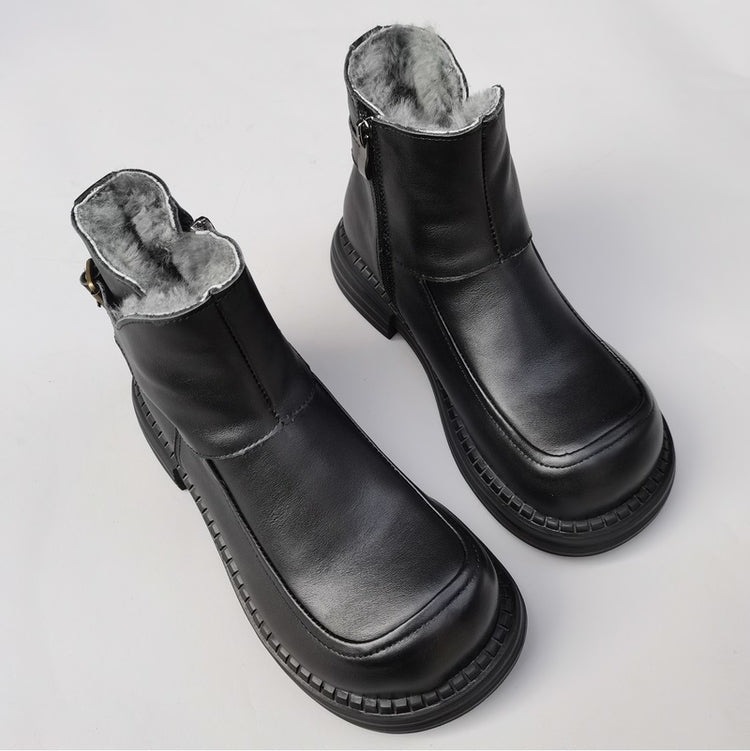 Bottines Derby vintage pour femmes, bout large, en cuir &ndash; Bottines d'hiver doubl&eacute;es en peau lain&eacute;e
