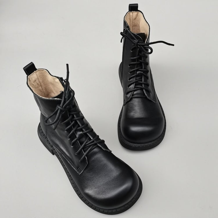Bottines Martin &agrave; bout large en cuir v&eacute;ritable pour femmes &ndash; Fermeture &agrave; lacets et &agrave; fermeture &eacute;clair