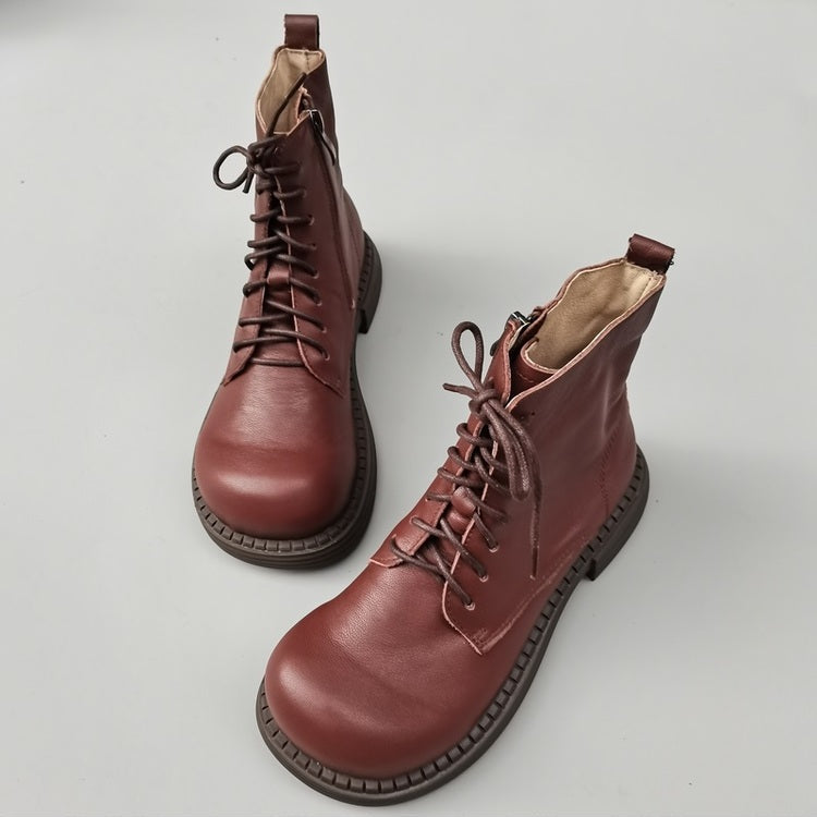 Bottines Martin &agrave; bout large en cuir v&eacute;ritable pour femmes &ndash; Fermeture &agrave; lacets et &agrave; fermeture &eacute;clair