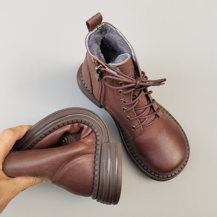 Bottes vintage pour femmes, bout large, en cuir et peau lain&eacute;e &ndash; Style hivernal confortable &agrave; la cheville