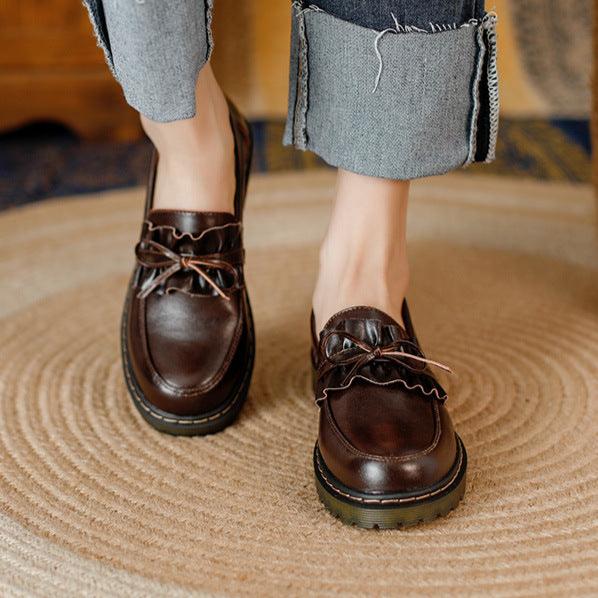 Damen-Loafer aus Leder mit runder Zehenpartie, Schleife und R&uuml;schenbesatz