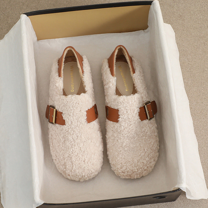 Damen-Loafer aus Kunstpelz, warmes Winterfleece, flache Metallschnallen, Freizeitschuhe