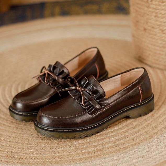 Damen-Loafer aus Leder mit runder Zehenpartie, Schleife und R&uuml;schenbesatz
