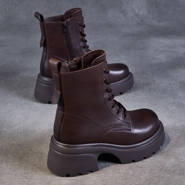 Bottes &agrave; plateforme d&eacute;contract&eacute;es pour femmes en cuir v&eacute;ritable &ndash; Talon &eacute;pais et fermeture &eacute;clair lat&eacute;rale