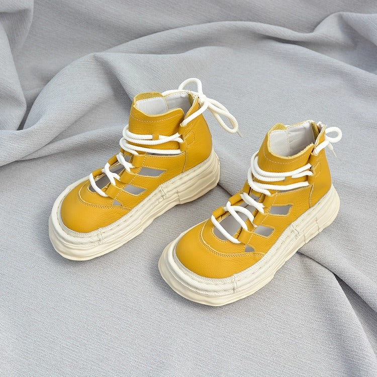 Bottines &agrave; plateforme en cuir pour femme, style &laquo; moche-mignon &raquo; &ndash; D&eacute;coupes et fermeture &eacute;clair &agrave; l'arri&egrave;re