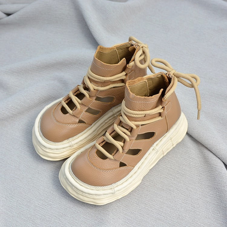 Bottines &agrave; plateforme en cuir pour femme, style &laquo; moche-mignon &raquo; &ndash; D&eacute;coupes et fermeture &eacute;clair &agrave; l'arri&egrave;re