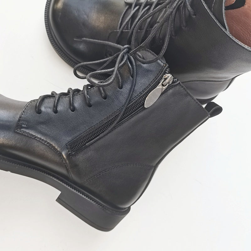 Bottines vintage pour femme, bout large, en cuir v&eacute;ritable &ndash; faites main, semelle souple, style britannique