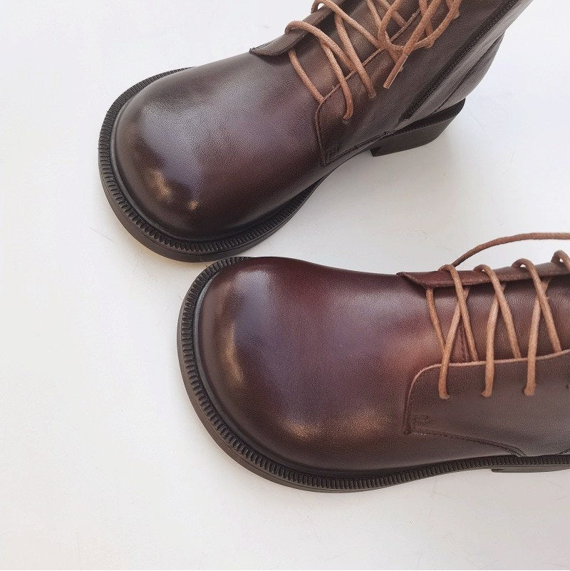 Bottines vintage pour femme, bout large, en cuir v&eacute;ritable &ndash; faites main, semelle souple, style britannique