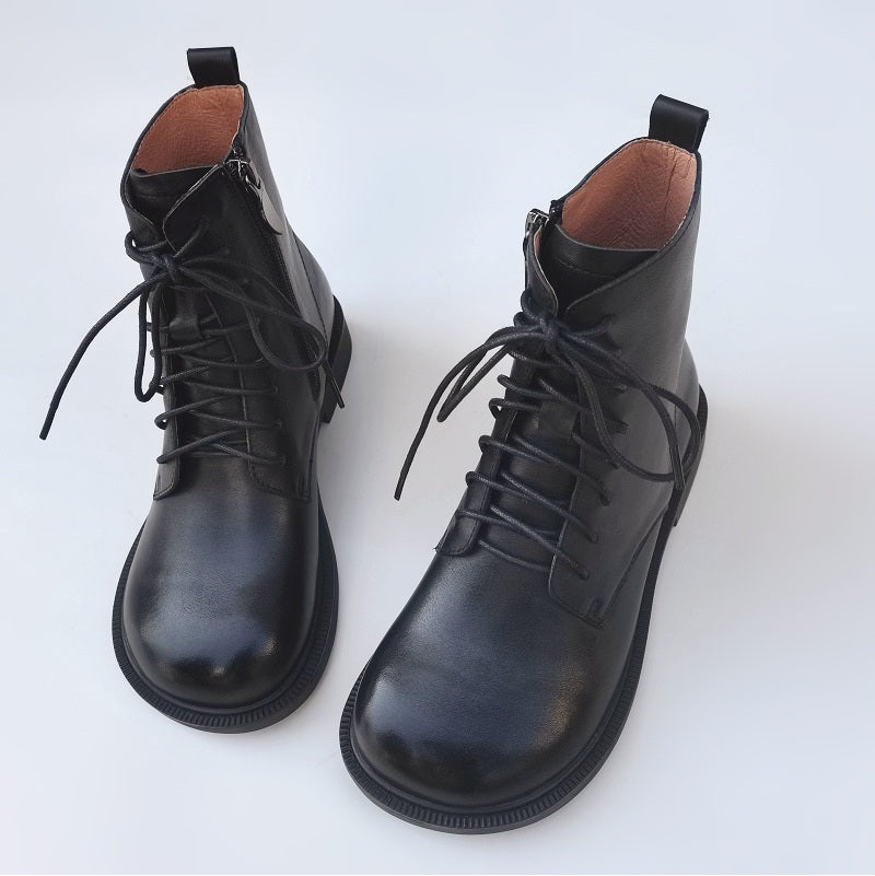 Bottines vintage pour femme, bout large, en cuir v&eacute;ritable &ndash; faites main, semelle souple, style britannique