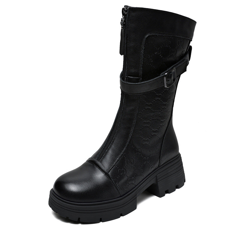 Bottes mi-mollet pour femme en cuir v&eacute;ritable emboss&eacute; &ndash; Talon compens&eacute; &eacute;pais avec boucle