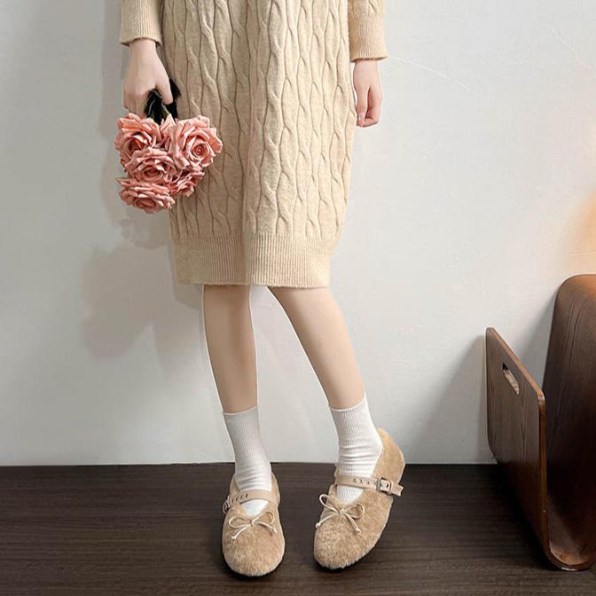 Mary-Jane-Slipper mit Kunstpelz, Schleife und integrierter Absatzverst&auml;rkung &ndash; Damenschuhe f&uuml;r den Winter