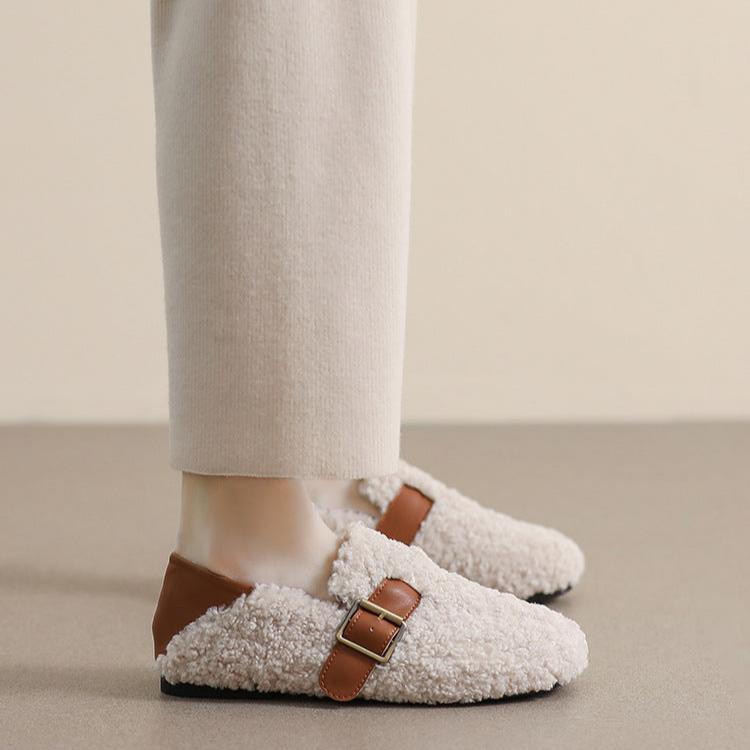 Damen-Loafer aus Kunstpelz, warmes Winterfleece, flache Metallschnallen, Freizeitschuhe