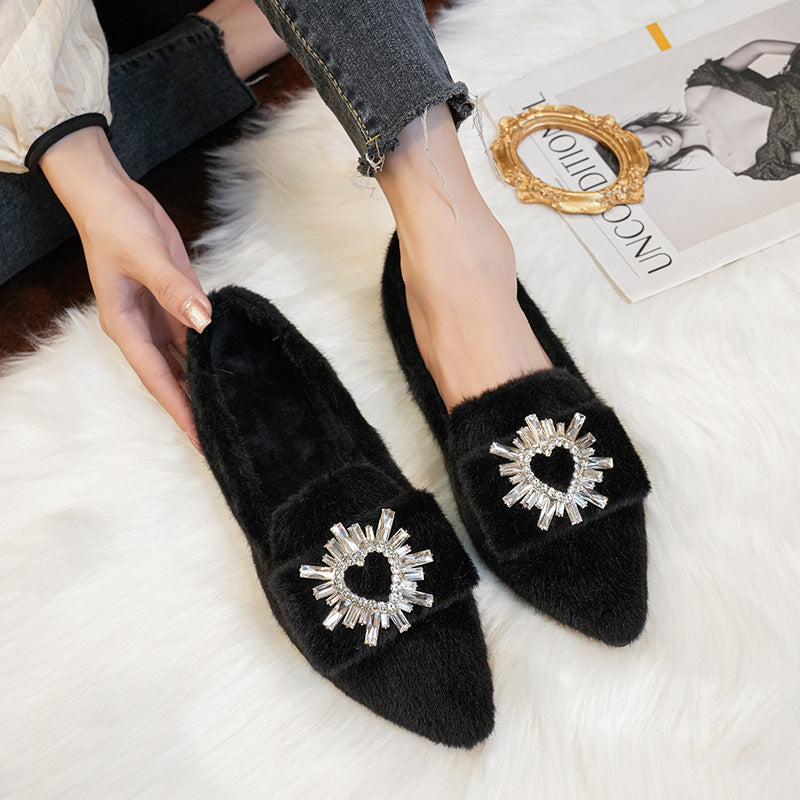 Damen-Loafer aus Kunstpelz, warmes Winterfleece, flache, spitze Strasssteine, Freizeitschuhe