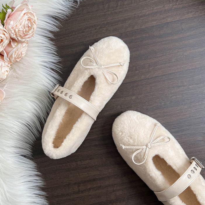 Mary-Jane-Slipper mit Kunstpelz, Schleife und integrierter Absatzverst&auml;rkung &ndash; Damenschuhe f&uuml;r den Winter