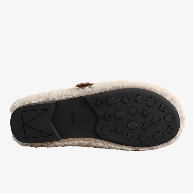 Damen-Loafer aus Kunstpelz, warmes Winterfleece, flache Metallschnallen, Freizeitschuhe