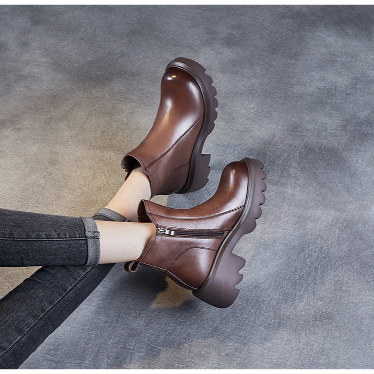 Bottines en cuir pour femme &ndash; Talon compens&eacute; mi-haut &eacute;pais avec fermeture &eacute;clair lat&eacute;rale