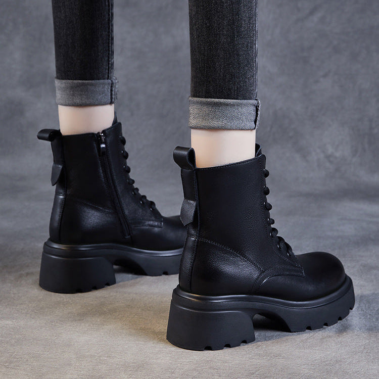Bottes &agrave; plateforme d&eacute;contract&eacute;es pour femmes en cuir v&eacute;ritable &ndash; Talon &eacute;pais et fermeture &eacute;clair lat&eacute;rale
