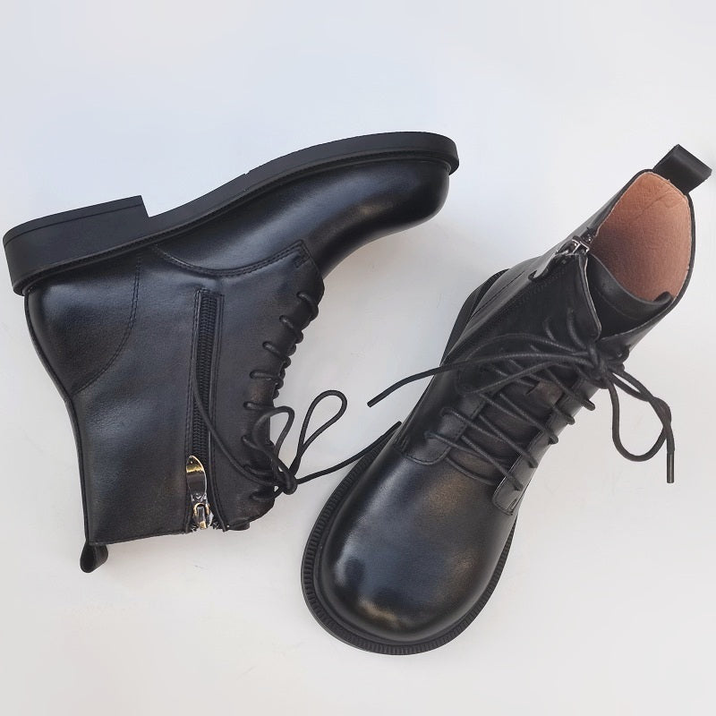 Bottines vintage pour femme, bout large, en cuir v&eacute;ritable &ndash; faites main, semelle souple, style britannique
