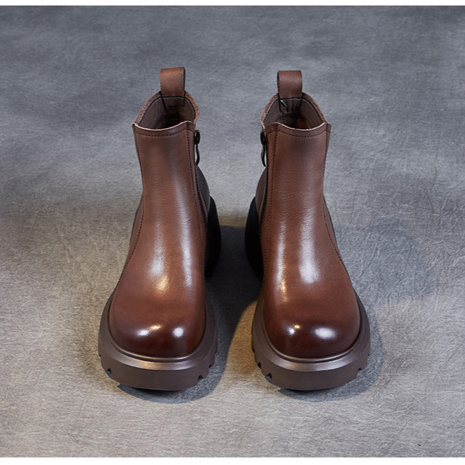 Bottines en cuir pour femme &ndash; Talon compens&eacute; mi-haut &eacute;pais avec fermeture &eacute;clair lat&eacute;rale