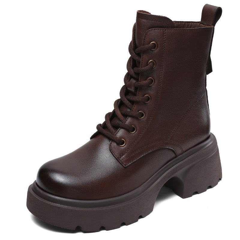 Bottes &agrave; plateforme d&eacute;contract&eacute;es pour femmes en cuir v&eacute;ritable &ndash; Talon &eacute;pais et fermeture &eacute;clair lat&eacute;rale