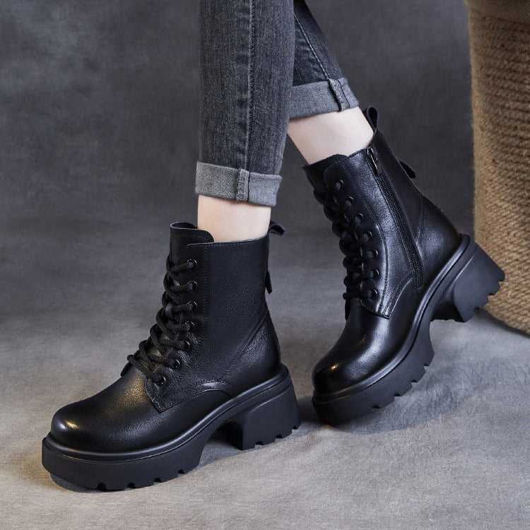 Bottes &agrave; plateforme d&eacute;contract&eacute;es pour femmes en cuir v&eacute;ritable &ndash; Talon &eacute;pais et fermeture &eacute;clair lat&eacute;rale