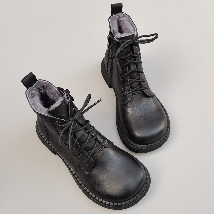 Bottes vintage pour femmes, bout large, en cuir et peau lain&eacute;e &ndash; Style hivernal confortable &agrave; la cheville