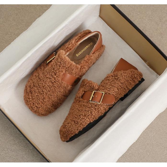 Damen-Loafer aus Kunstpelz, warmes Winterfleece, flache Metallschnallen, Freizeitschuhe