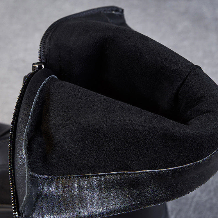 Bottes mi-mollet pour femme en cuir v&eacute;ritable emboss&eacute; &ndash; Talon compens&eacute; &eacute;pais avec boucle