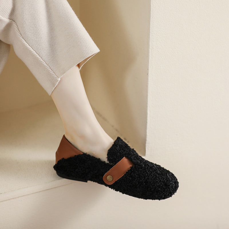 Damen-Loafer aus Kunstpelz, warmes Winterfleece, flache Metallschnallen, Freizeitschuhe