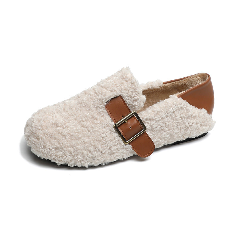 Damen-Loafer aus Kunstpelz, warmes Winterfleece, flache Metallschnallen, Freizeitschuhe