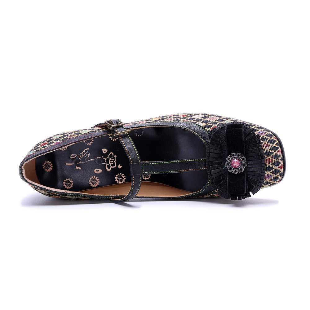 Women's Vintage T-strap Plaid Patchwork Floral Mary Jane High Heels