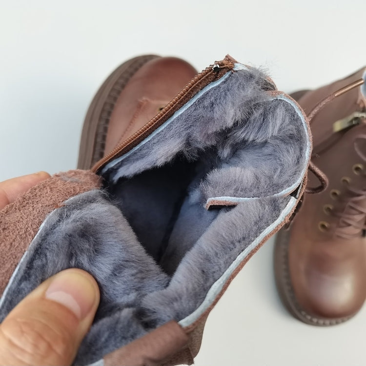 Bottes vintage pour femmes, bout large, en cuir et peau lain&eacute;e &ndash; Style hivernal confortable &agrave; la cheville