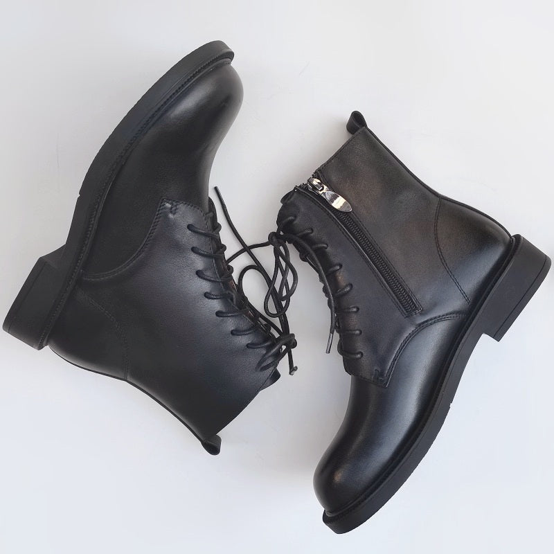 Bottines vintage pour femme, bout large, en cuir v&eacute;ritable &ndash; faites main, semelle souple, style britannique
