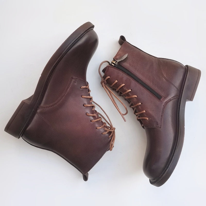 Bottines vintage pour femme, bout large, en cuir v&eacute;ritable &ndash; faites main, semelle souple, style britannique
